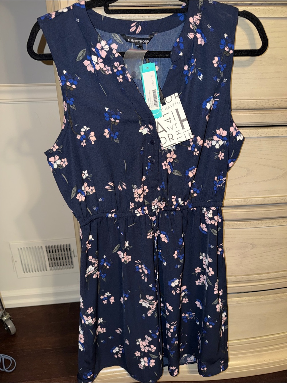 NWT 41 Hawthorn Navy Floral Sleeveless Drawstring Dress Large